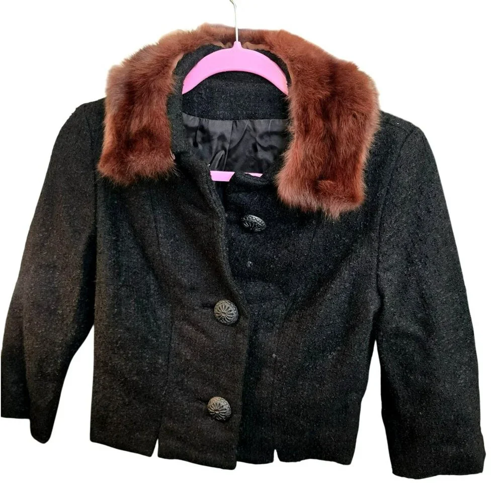 Girls Vintage Snyder-Craft California Black Jacket With Faux Fur Collar jj3729
